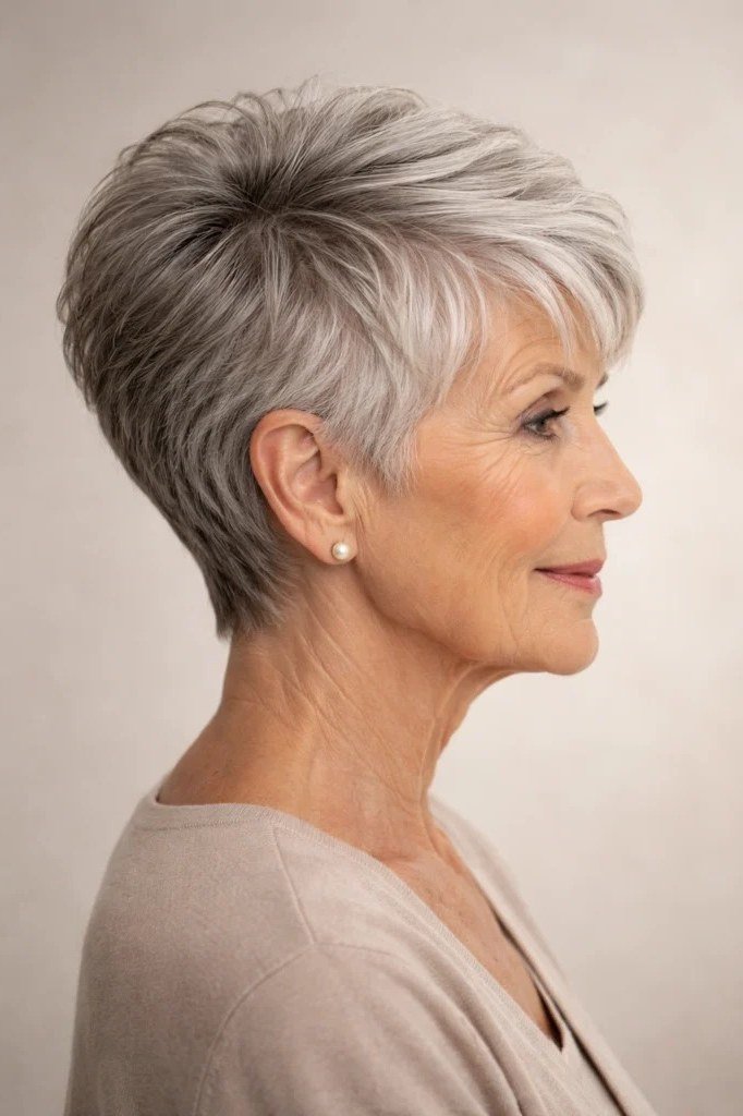 Grey tapered pixie with neat sides - trendy short haircut for older women with fine hair