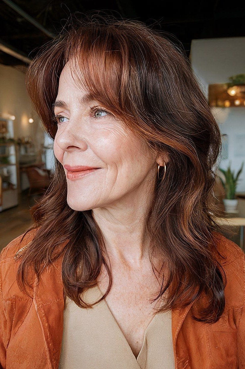 Auburn wavy shoulder-length hair, side view, woman in her 60s