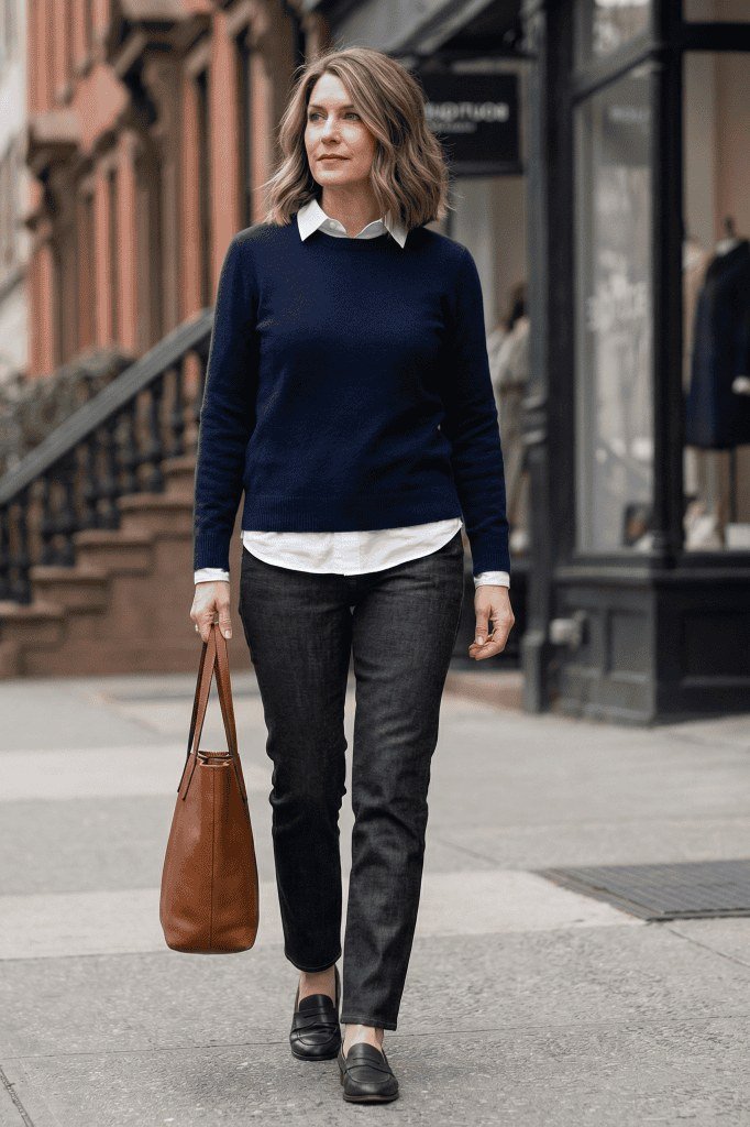 Navy sweater with white collar and black jeans, preppy outfit for women over 40