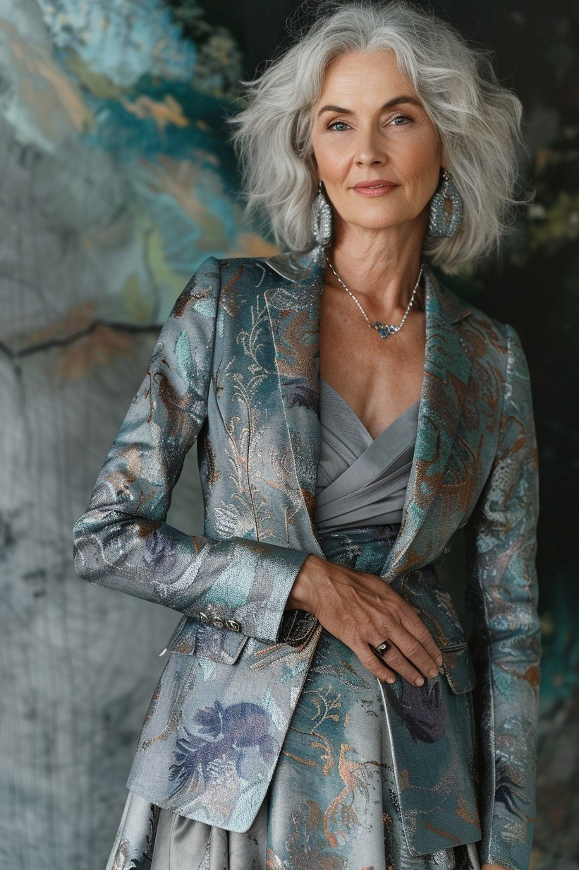 metallic blue-gray blazer over matching dress, studio,, elegant wedding guest dress for women over 60