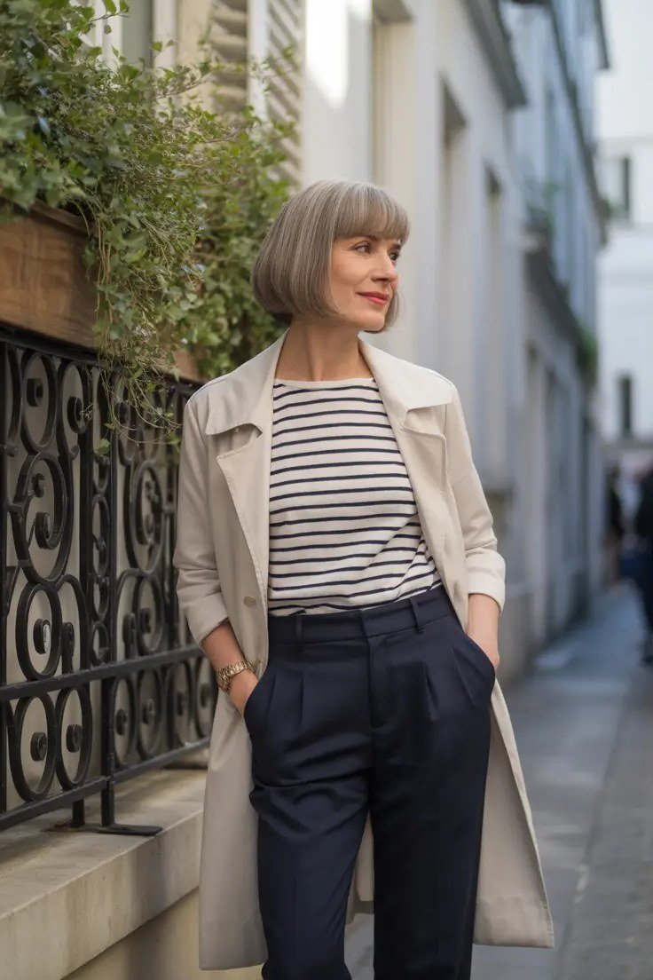 Striped Tee With Navy Trousers and a Beige Trench Coat, smart casual outfit for women over 50