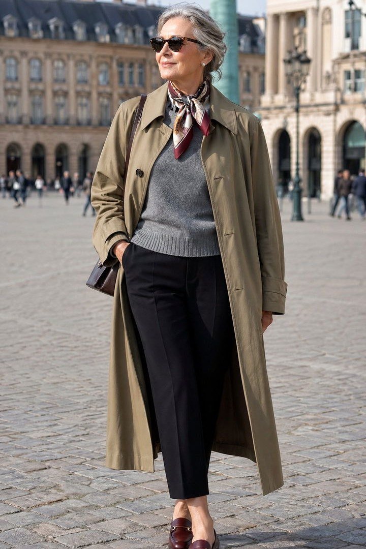 Easy casual outfit idea for women over 50: olive trench with gray layers, older woman everyday style