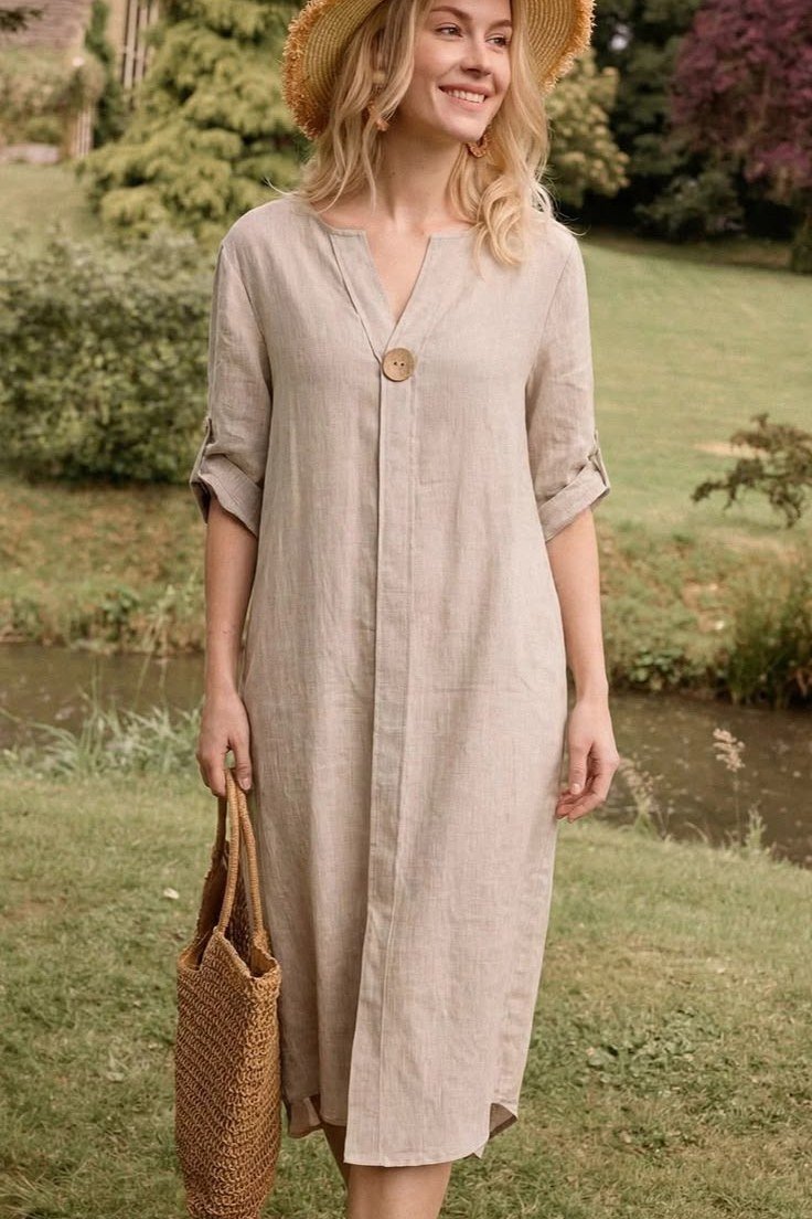 Dusty rose shirt dress with straw hat and woven tote, garden for women over 60