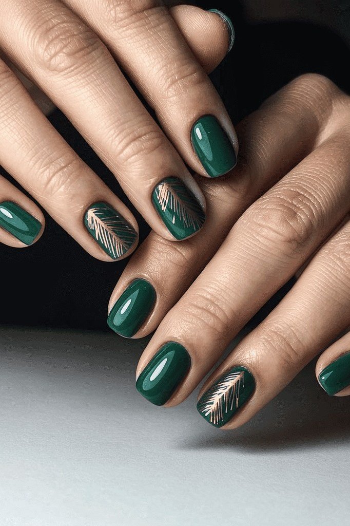 Emerald green nails with feather accent on mature hands
