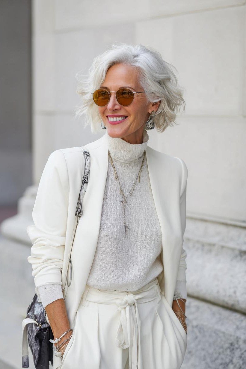 Older woman in white turtleneck white blazer and white drawstring trousers