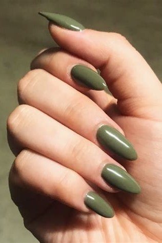 Olive Green Almond Nails - fall nail color idea for women over 60