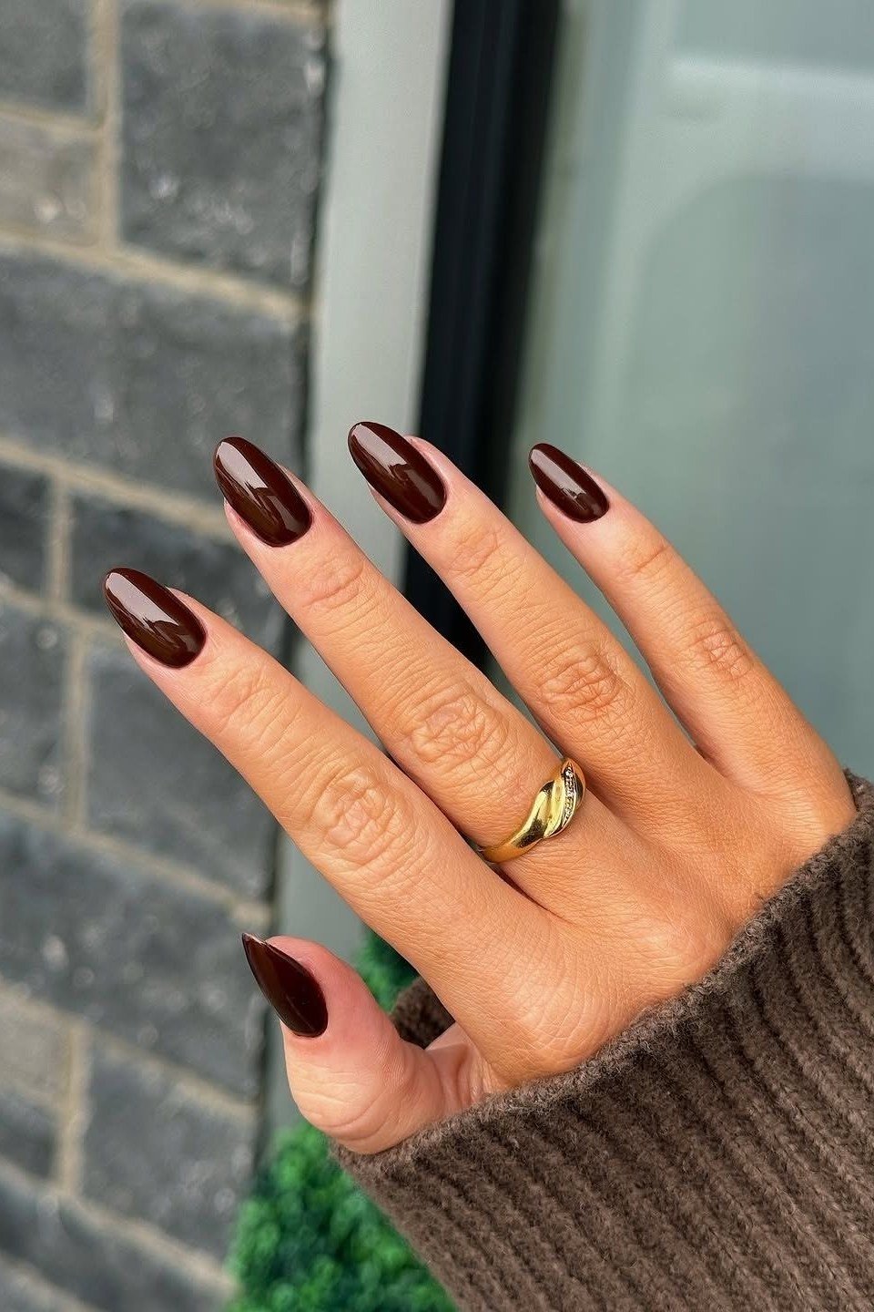 Deep Espresso Oval Nails, chocolate brown fall nail design for women over 60