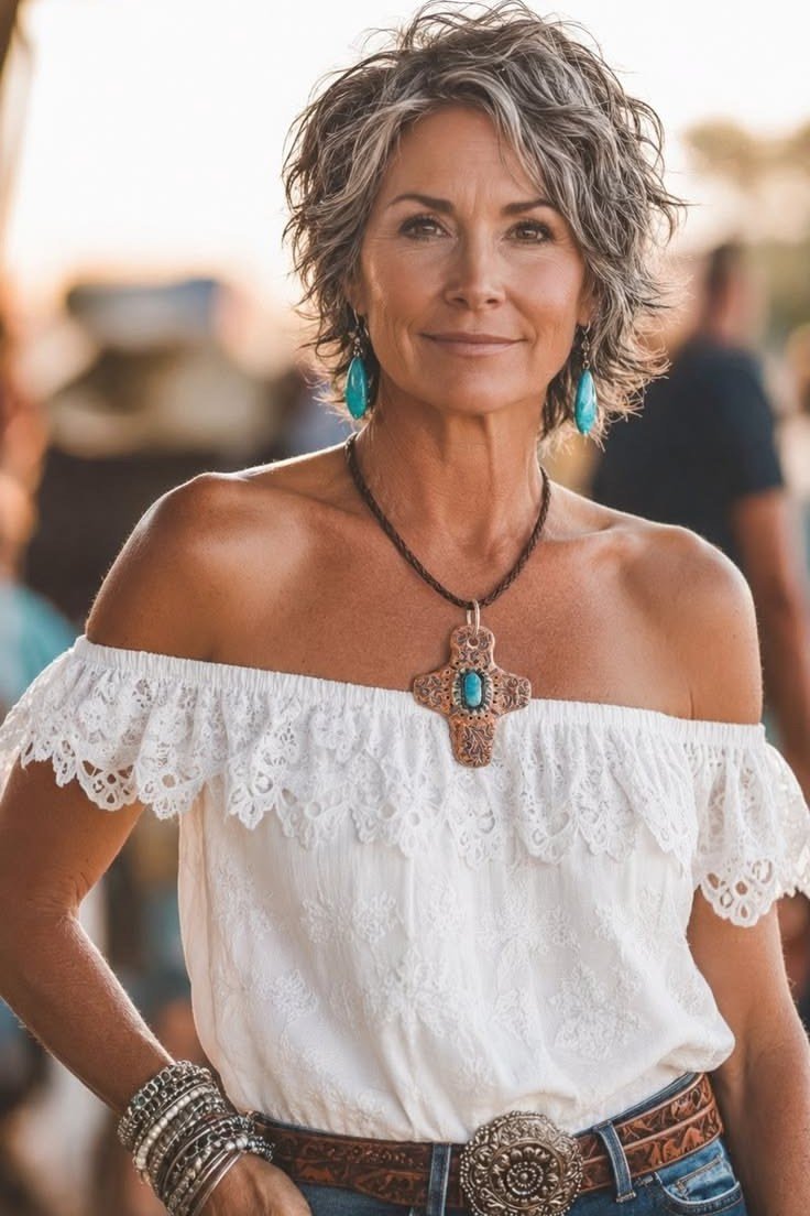 silver pixie with feathered bangs for women over 50