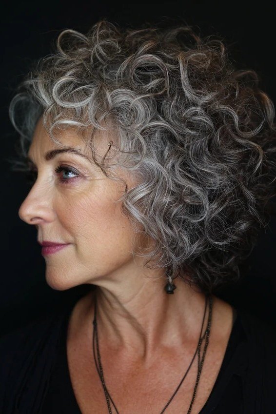 Salt and pepper curly bixie haircut side view for women over 60