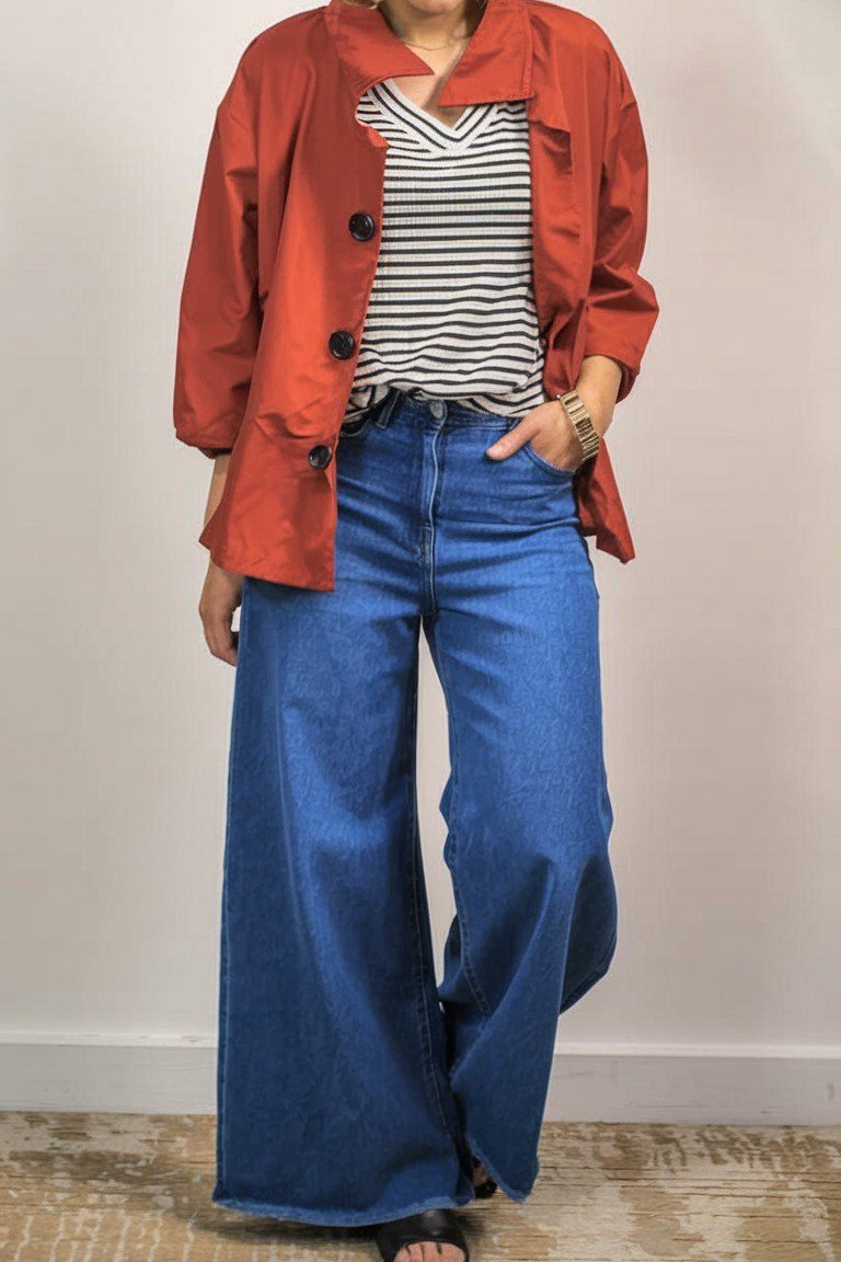 rust oversized jacket striped tee wide leg blue jeans women over 50