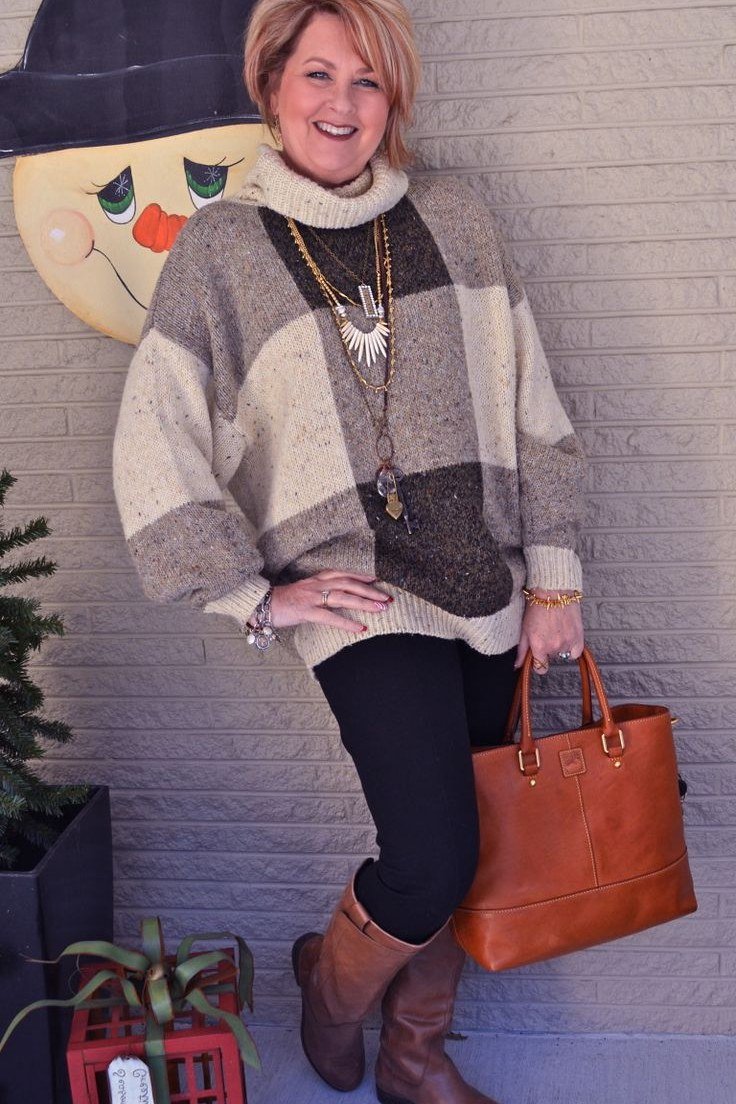 Patchwork turtleneck black pants patchwork knit sweater black pants brown boots 50s - fall outfit idea for women over 40
