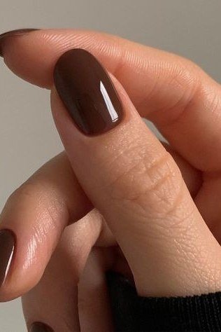 Chocolate Brown Glossy Round Short Nails - brown nail idea for women over 50