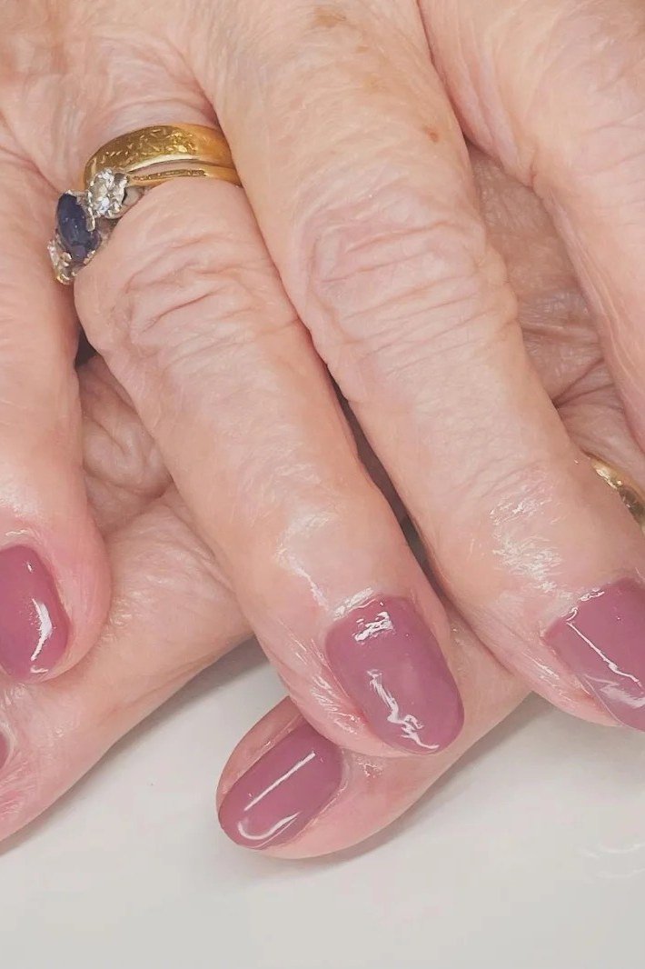 Rose Mauve Almond with High Gloss gel nails for women over 60
