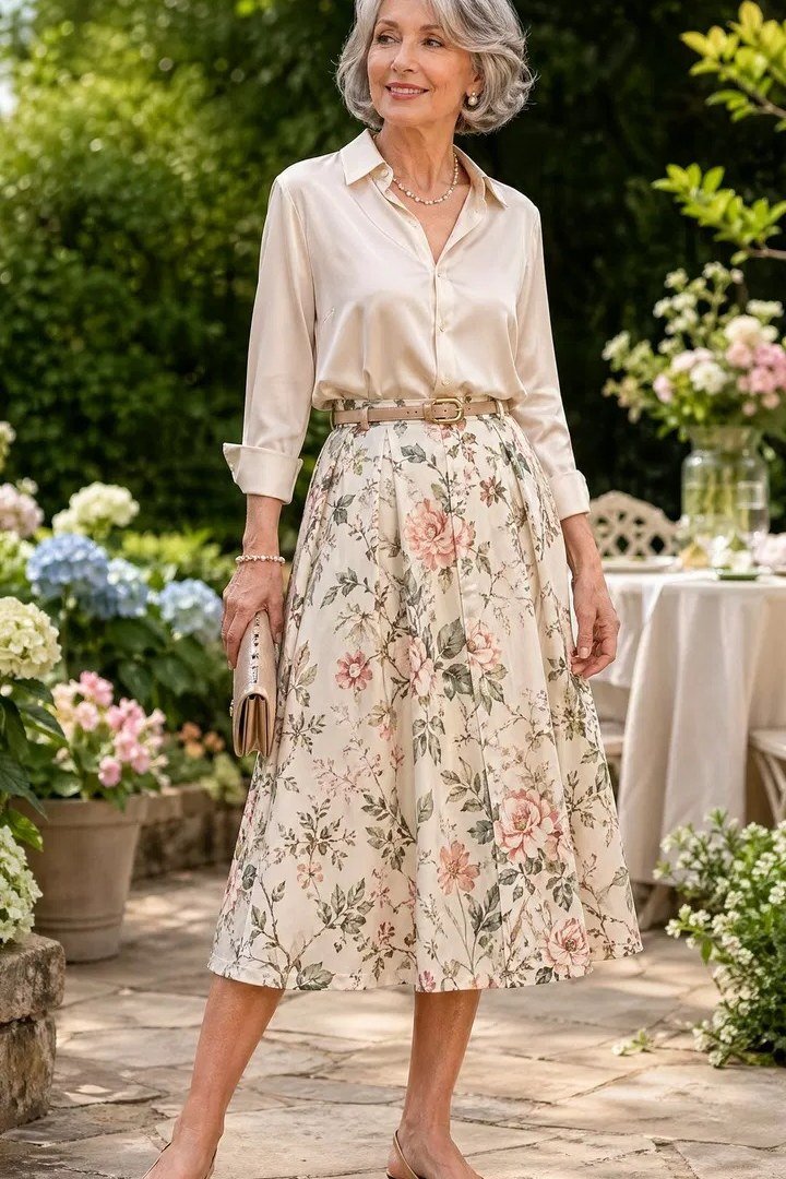Cream Blouse with Floral Midi Skirt - chic casual outfit for women over 50