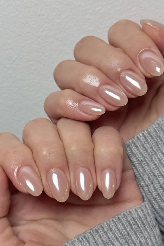 Milky Chrome Short Nails with a Cozy Sweater - chrome nail designs for women over 60
