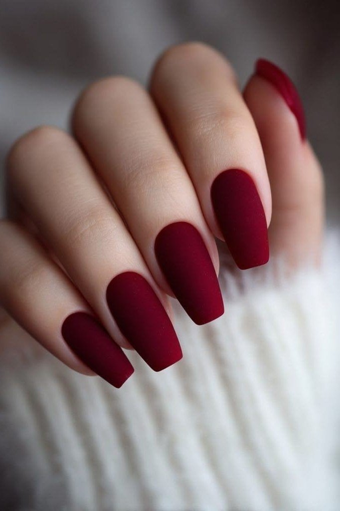 Matte burgundy square, burgundy fall nail idea for women over 60