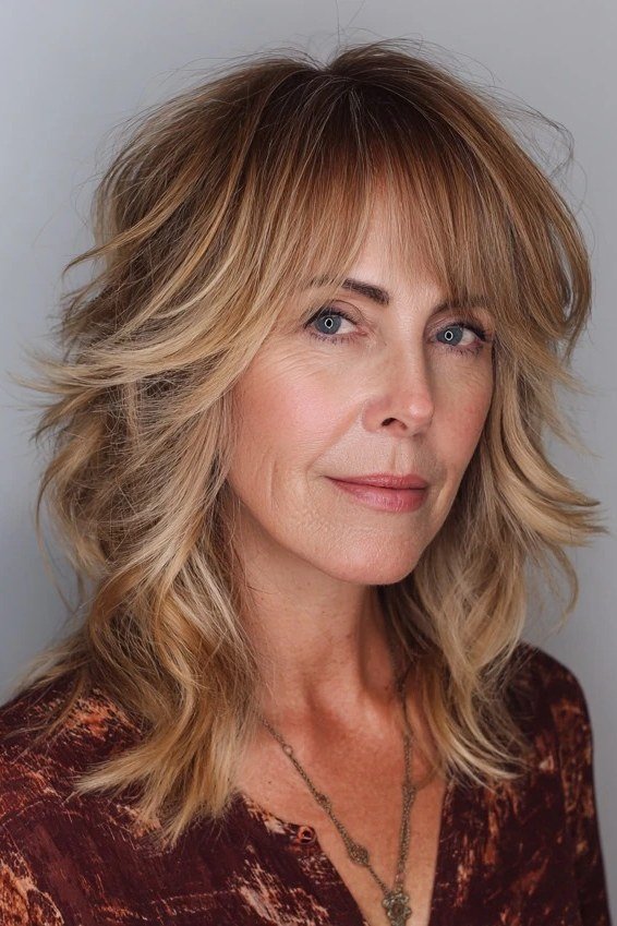 Soft Light Brown Shag with Bangs - medium shag haircut for women over 40