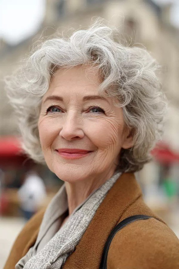 White curly medium front view, smiling, outdoor - curly hairstyle for women over 60