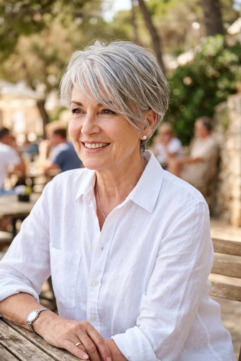 Grey pixie haircut with layered crown for women over 60 outdoors