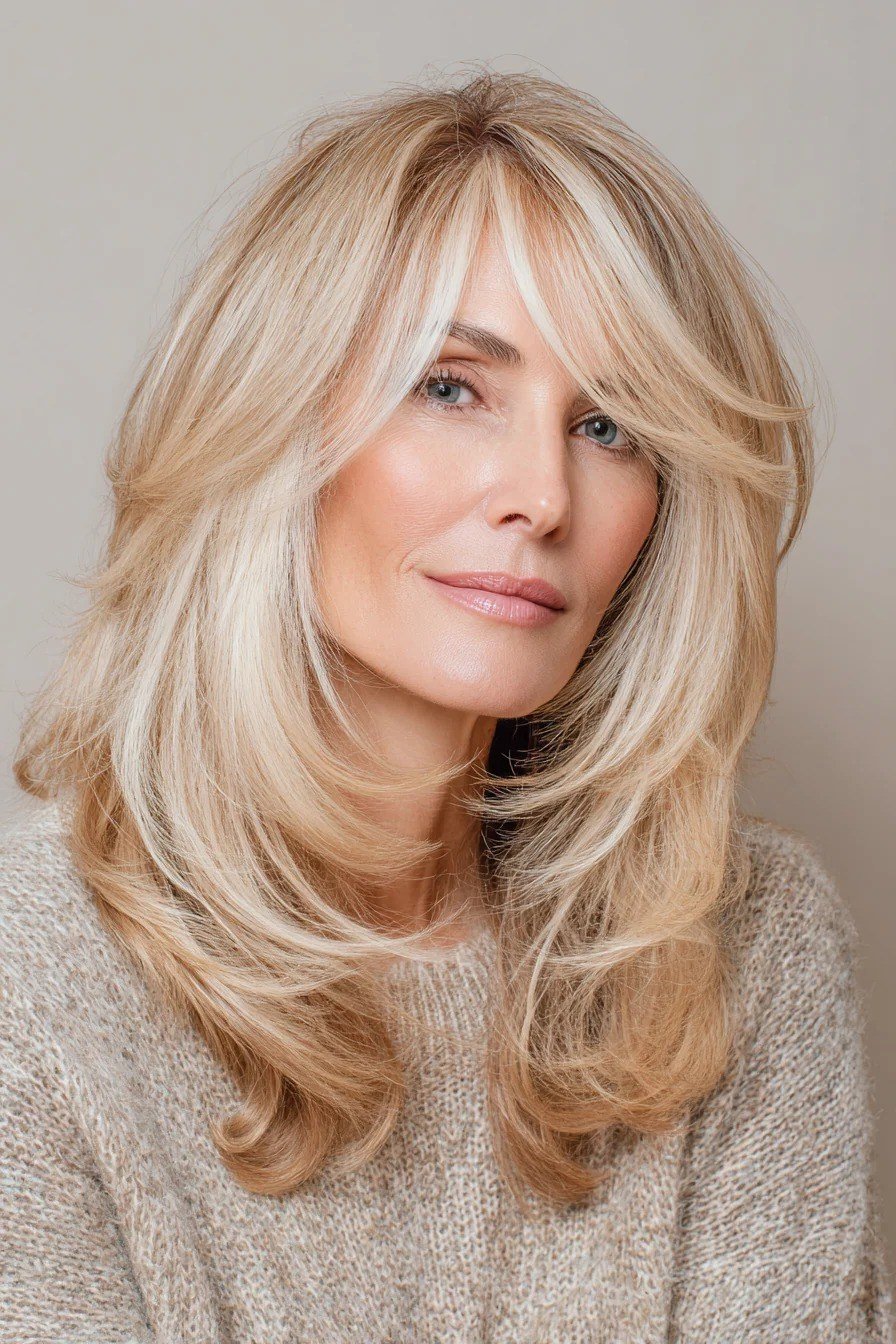 Long blonde layered hair with curtain bangs for women over 50