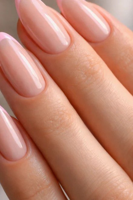 Long Almond Pink Grace - micro french manicure with ultra-thin tip line, elegant nail design for women over 50