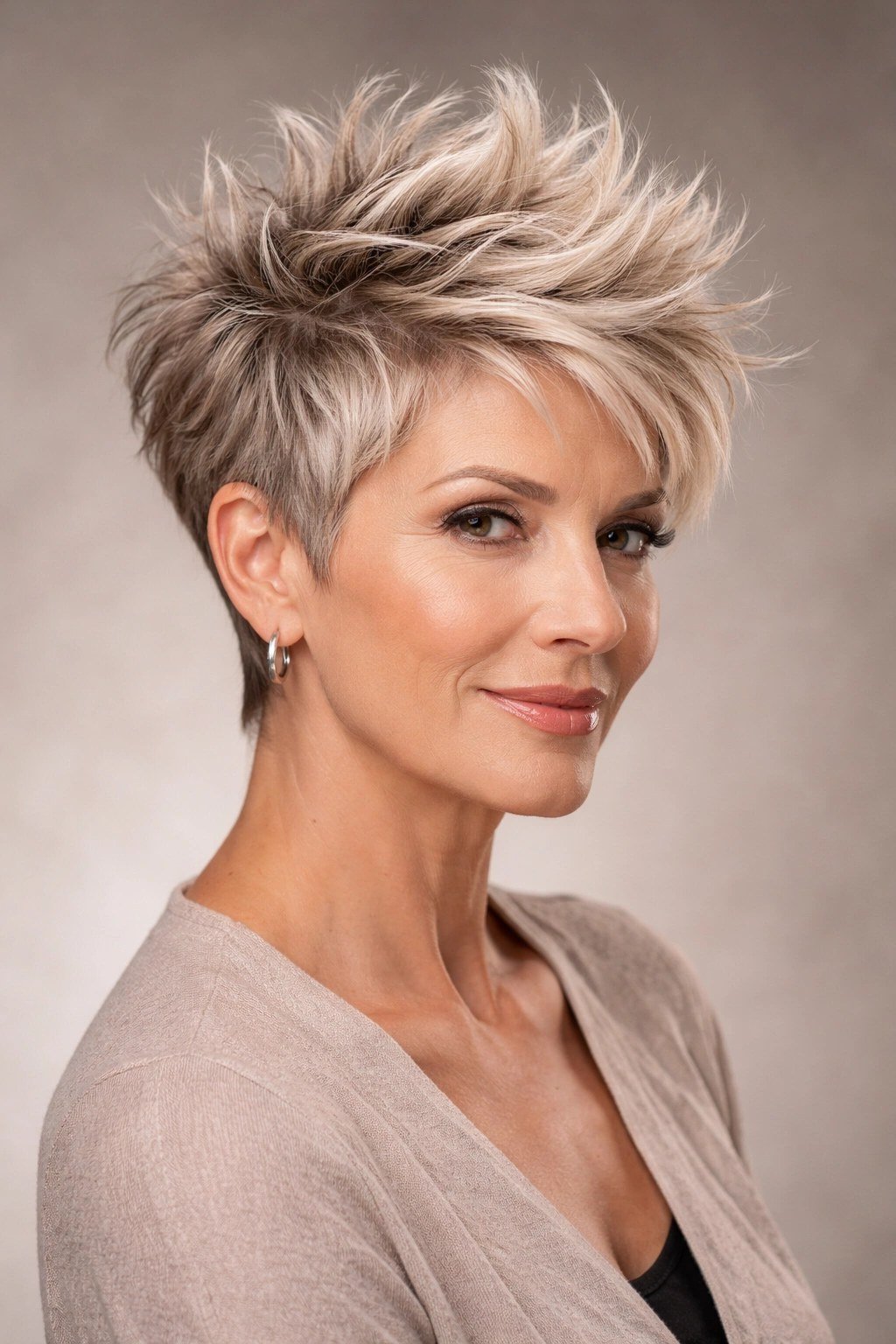 Spiky Blonde Pixie with Lift - bold edgy pixie haircut for women over 50