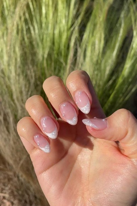 Pink Pearl Baby Boomer Almond Nails - pearl finish nail idea for women over 60