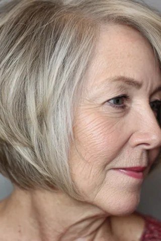 Blonde softly rounded bob with a smooth blowout finish for women over 60