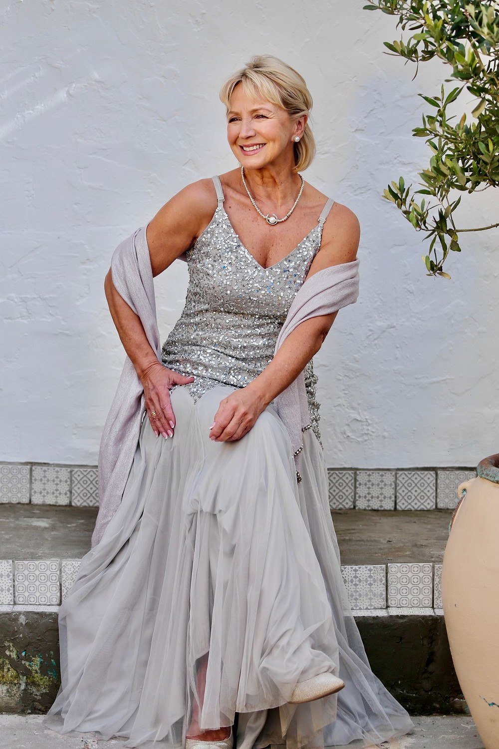 silver embellished bodice with flowing chiffon skirt