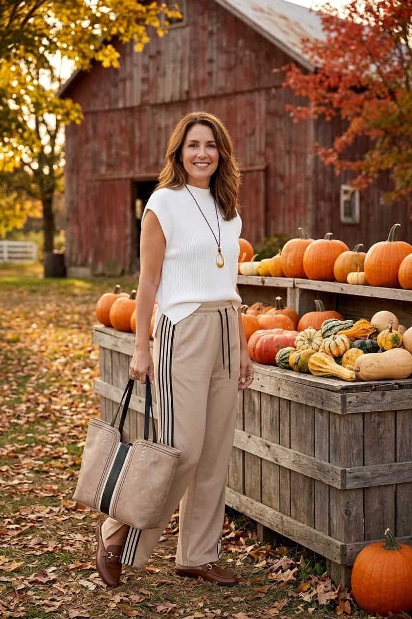 White Tee with Beige Wide-Leg Trousers on a woman over 50, fall outfit idea