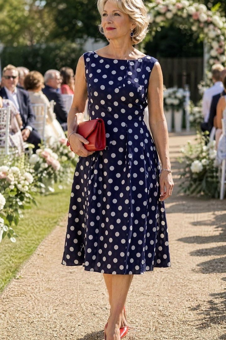 Navy polka dot sleeveless midi dress, red clutch - wedding guest outfit for women over 50