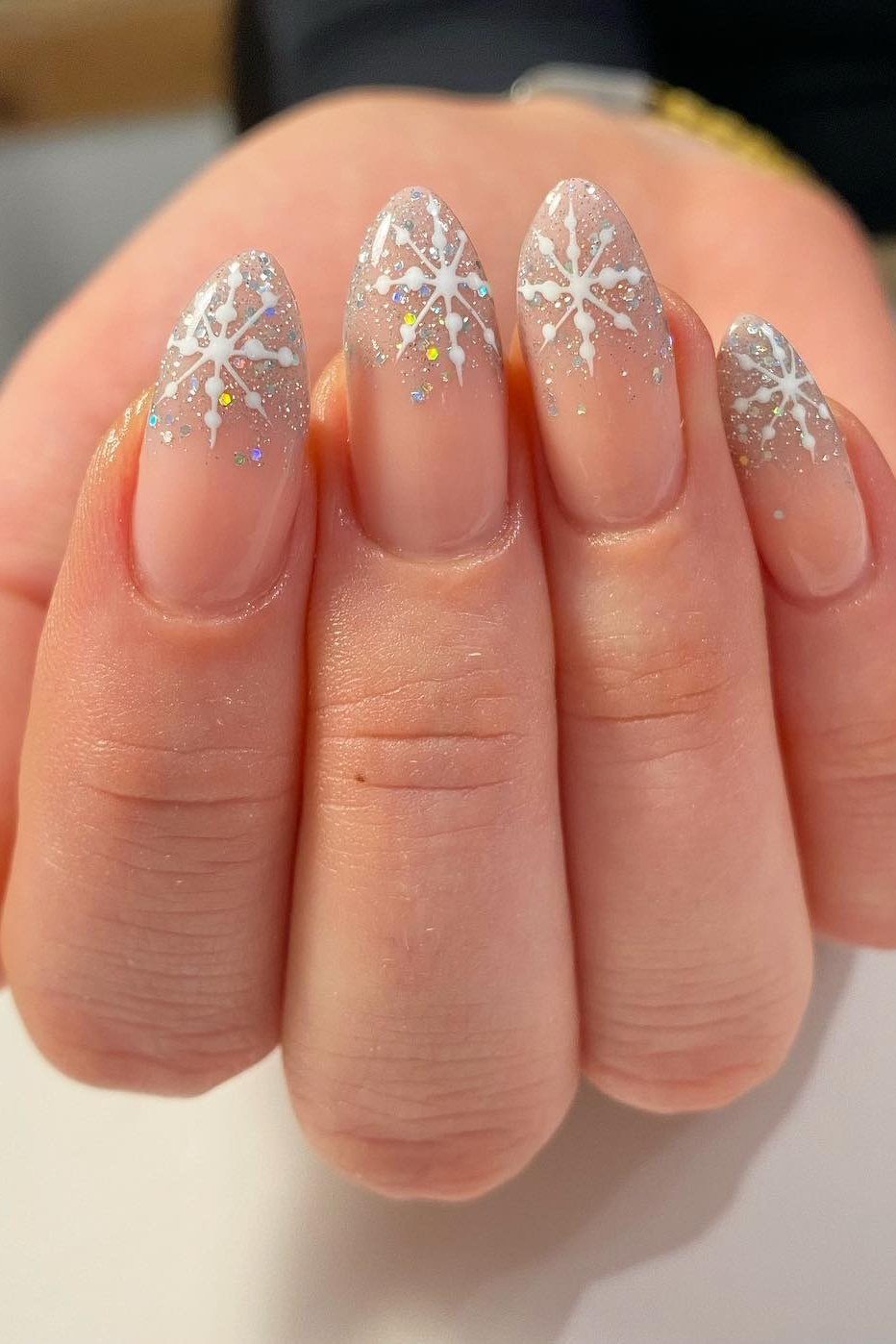Nude Almond Nails with Silver Glitter Cuticles, fun winter nail idea for women over 60