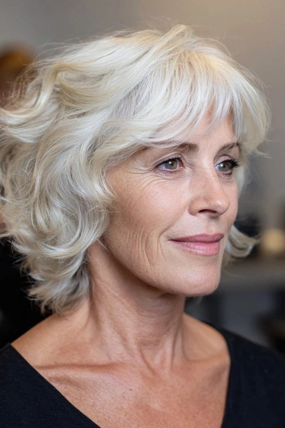 White wavy layered bob for older women