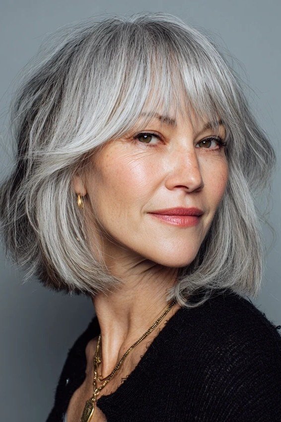 Silver Wavy Layered Bob - trendy layered bob hairstyle for women over 50