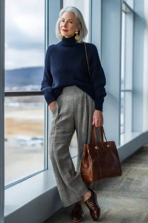 Navy crew sweater with gray wide-leg trousers and a brown leather tote for women over 50 at work