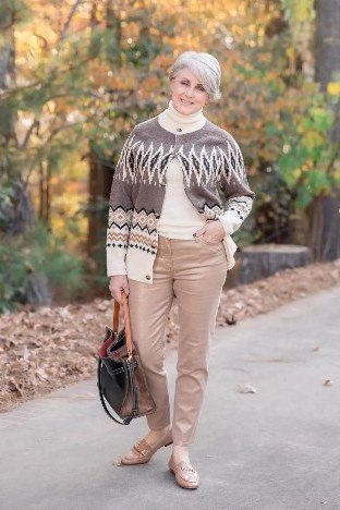 Fair Isle Cardigan with Beige Chinos - fall outfit for women over 40
