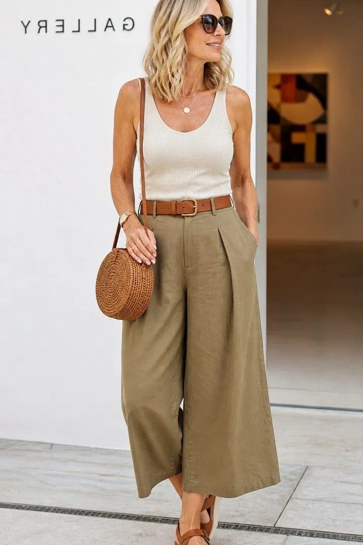 stylish outfits for women over 50 white tank olive culottes