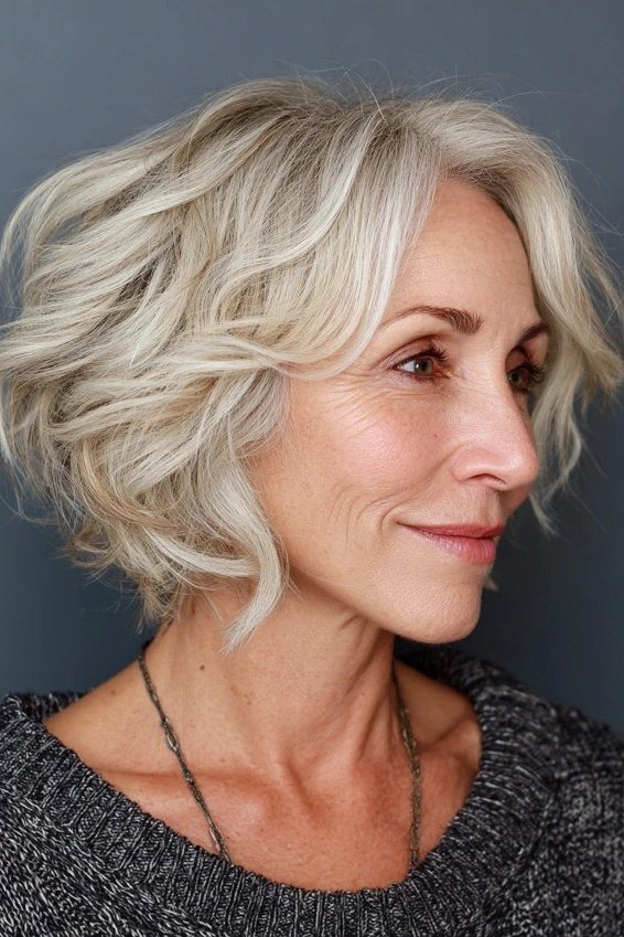 Blonde shaggy bob haircut with feathered sides for women over 60