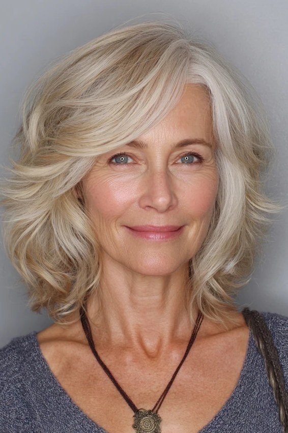 Silver-blonde wavy layered medium-length hairstyle with crown volume, for women over 50