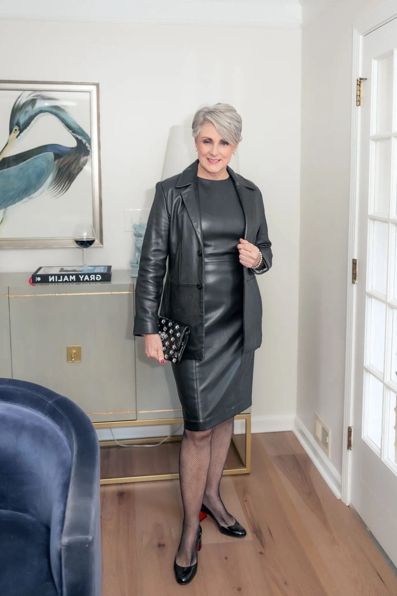 Grey leather jacket, grey leather pencil skirt, silver bob, home interior, chic night out outfit for women over 50