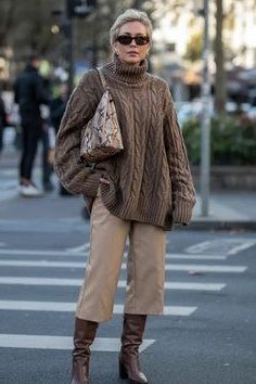 Brown Turtleneck Crossing the Street - fall outfit idea for women over 50
