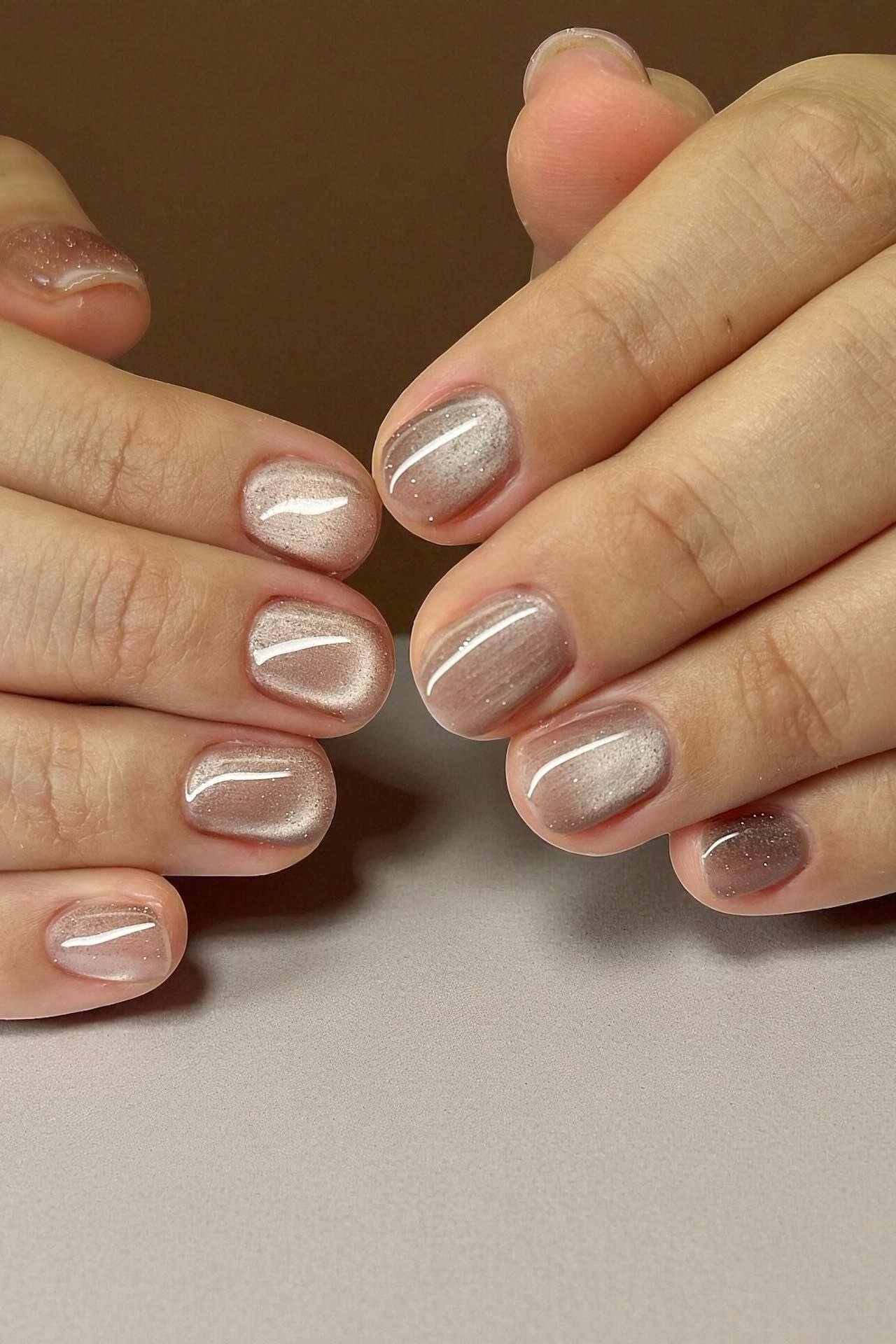 taupe cat eye short nails