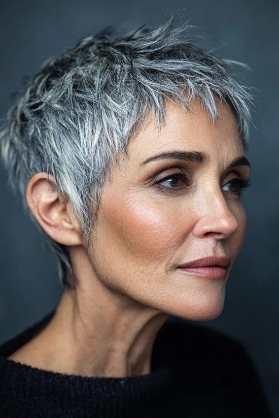 Silver white choppy pixie haircut for women over 60 in studio light