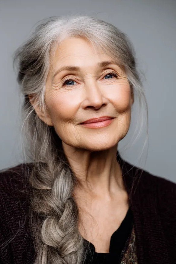 Silver side braid, front view, classic hairstyle for women over 70
