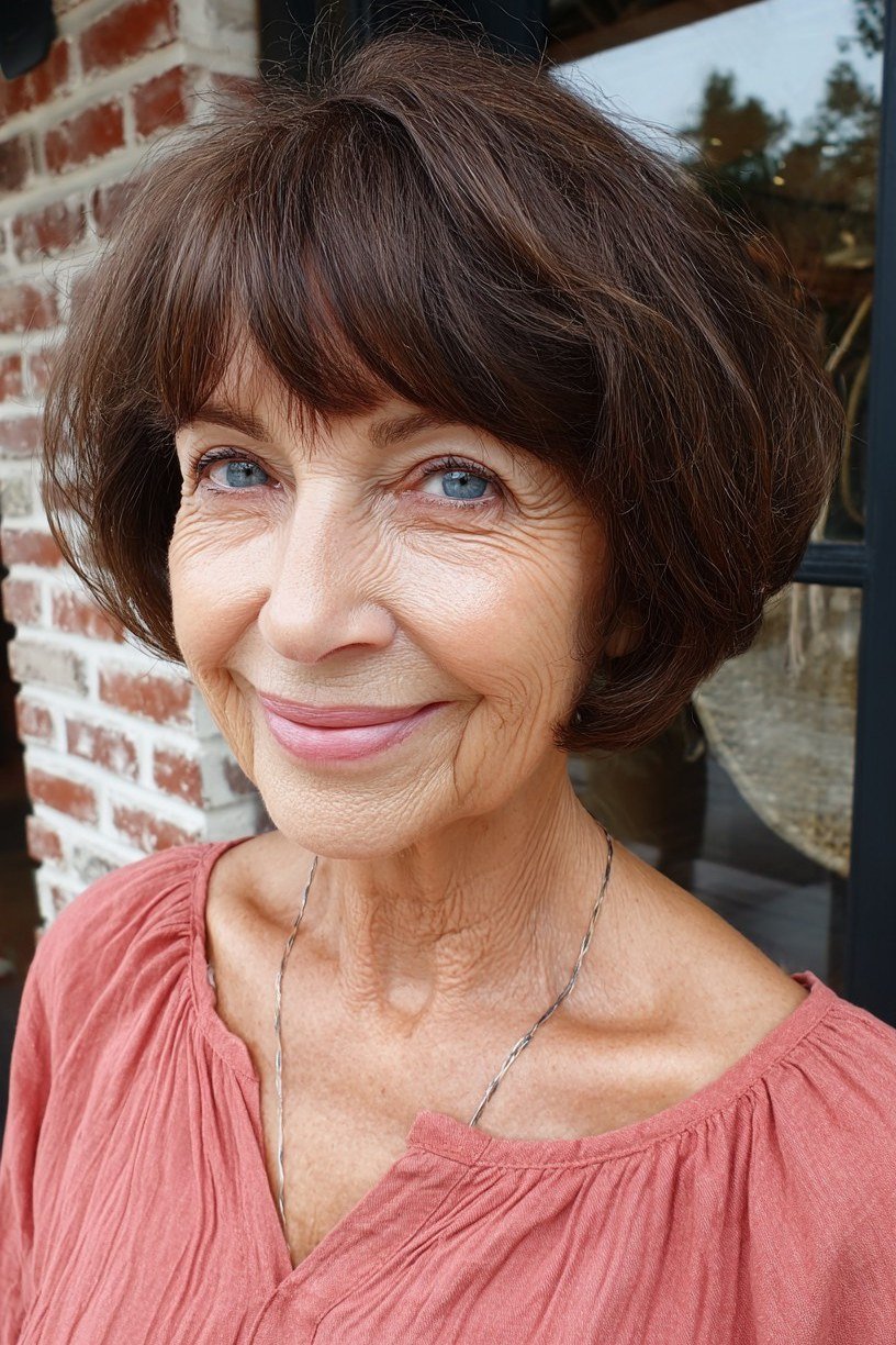 Warm brunette french bob with full bangs and coral top