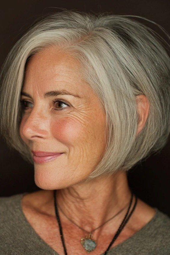 Graduated Grey Bob - grey hairstyle for women over 60