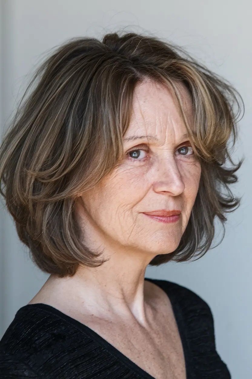 Brown layered shaggy bob with highlights, front view, brown layered bob haircut for women over 50