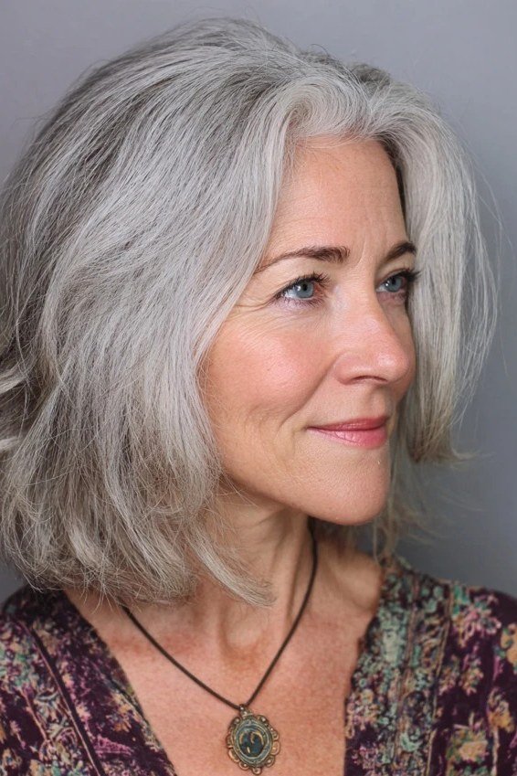 Wavy Silver Shoulder Bob - grey shoulder length hairstyle for women over 60