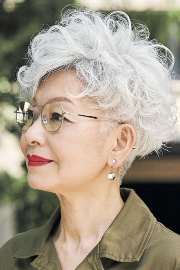 White curly pixie haircut for women over 60
