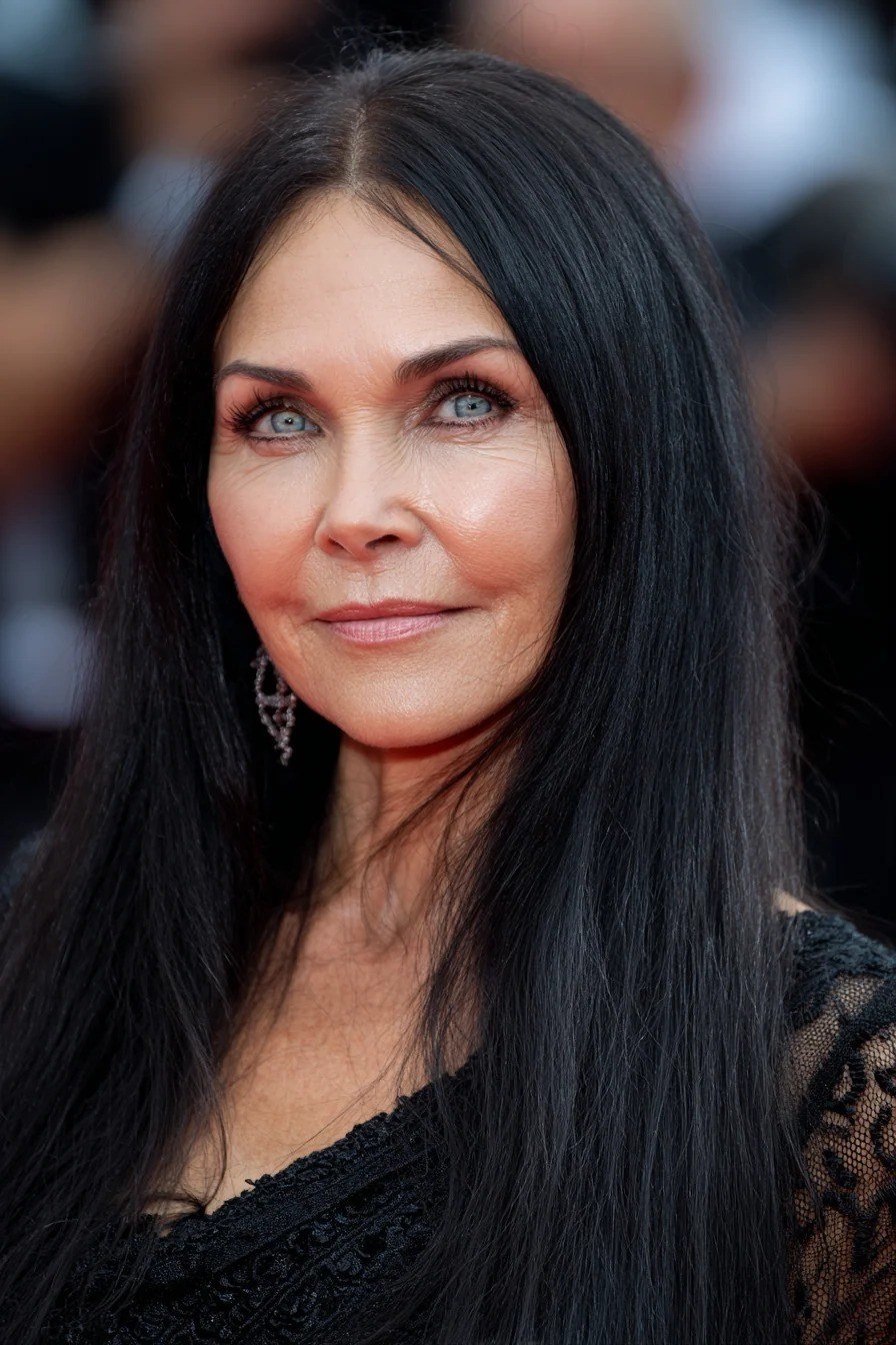 jet black long straight hairstyle, front view for women over 50